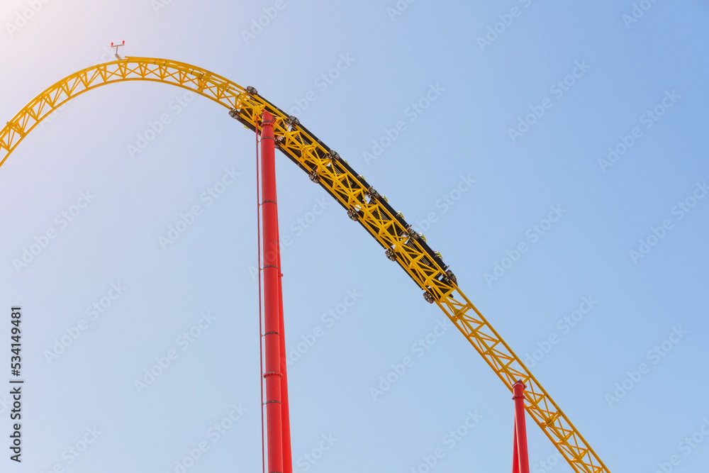 Amusement trolley makes circle loop turns upside down, roller coaster. Amusement trolley makes circle loop turns upside down, roller coaster.
