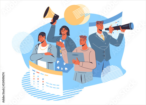 Cooperation and business partnership concept with highly skilled professional team characters. Collaboration and teamwork, business professionals. Analytics, managers and executors.