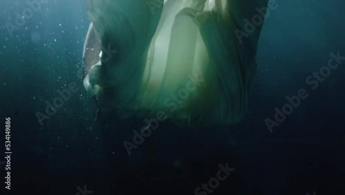 girl in white dress swims under water photo