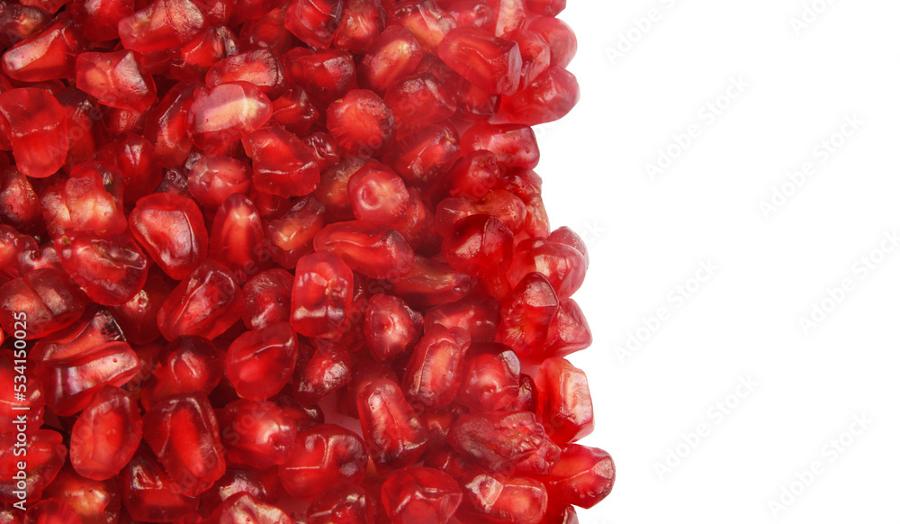 Pomegranate seeds isolated on white background with copy space Pomegranate seeds isolated on white background with copy space