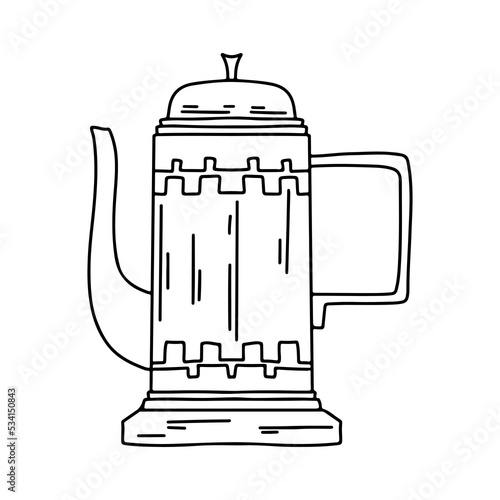 Coffee pot in hand drawn doodle style. Kettle vector illustration. Coffee kettle doodle illustration.