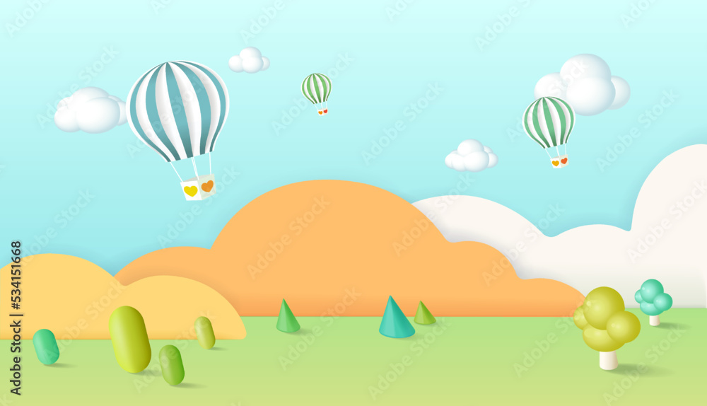 Obraz premium Papercut sky landscape banner with hot air balloon, clouds made in realistic paper craft art. Kid promotion for toy store discount or child care product.