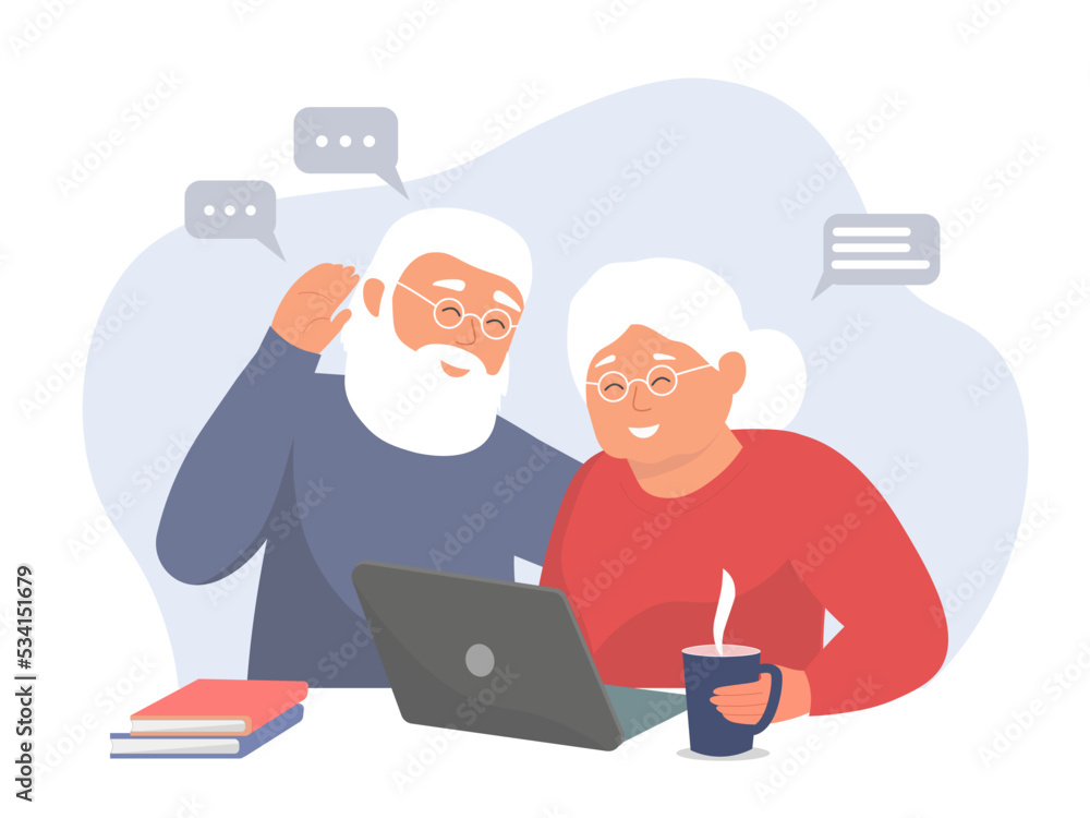 An elderly couple, a man and a woman, are sitting at home and talking on a laptop. Vector graphics. An elderly couple, a man and a woman, are sitting at home and talking on a laptop. Vector graphics.