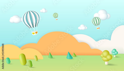 Papercut sky landscape banner with hot air balloon  clouds made in realistic paper craft art. Kid promotion for toy store discount or child care product.