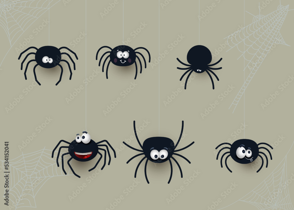 Set of cute spiders with cobwebs. Cartoon style for Halloween. Black icon  and character. Collection of design elements for halloween decorations,  icon, sticker. Vector isolated on violet background. Stock Vector | Adobe