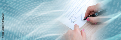 Woman signing a contract  panoramic banner