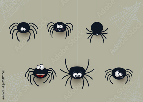 Set of cute spiders with cobwebs. Cartoon style for Halloween. Black icon and character. Collection of design elements for halloween decorations, icon, sticker. Vector isolated on violet background.