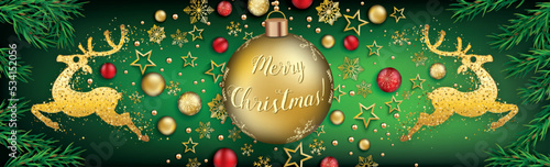 Merry Christmas Golden Bauble Reindeers Twigs Green Header