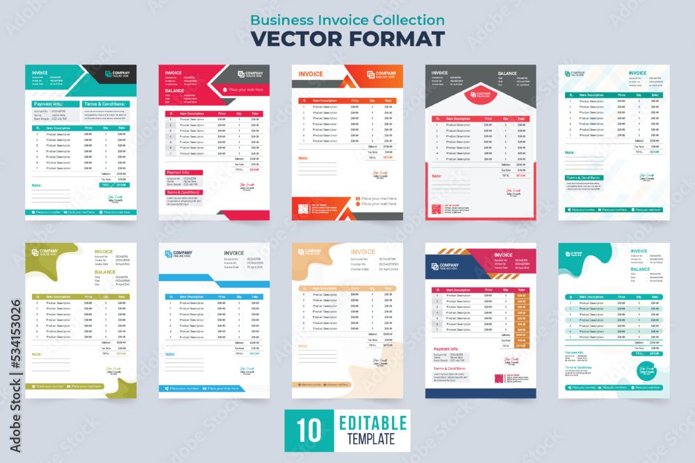 Corporate business invoice template collection vector. Business invoice and price receipt set vector with abstract shapes. Payment agreement and purchase receipt bundle with price sections.