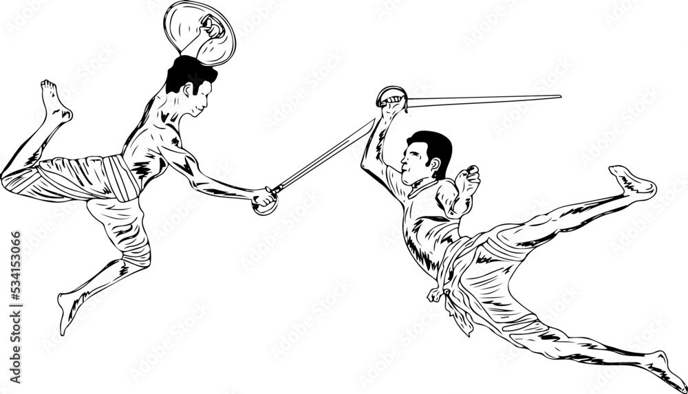 Vetor do Stock Kerala martial arts form Kalaripayattu sketch drawing