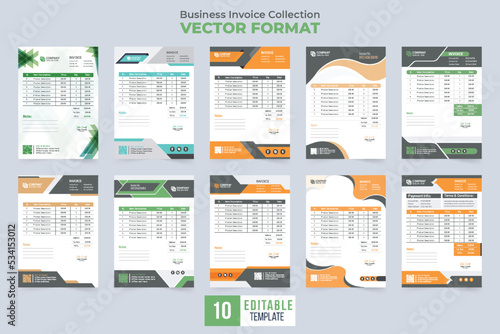 Minimal invoice and price receipt template set vector. Business invoice and payment agreement paper collection with abstract shapes. Modern business purchase receipt template bundle vector.