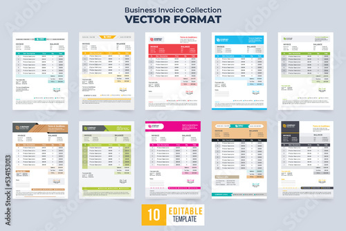 Creative invoice template collection vector with colorful shades. Payment agreement and invoice bill template bundle with product price sections. Cash receipt design set for corporate business.