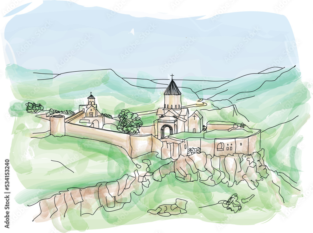 Armenia view of tatev monastery. Watercolor illustration, vector art for calendar, poster, postcard or social media post