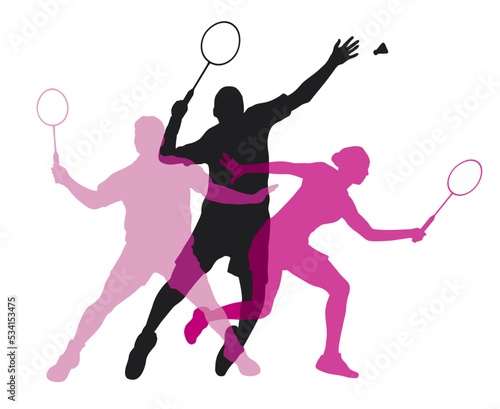 Badminton sport graphic with player in action.