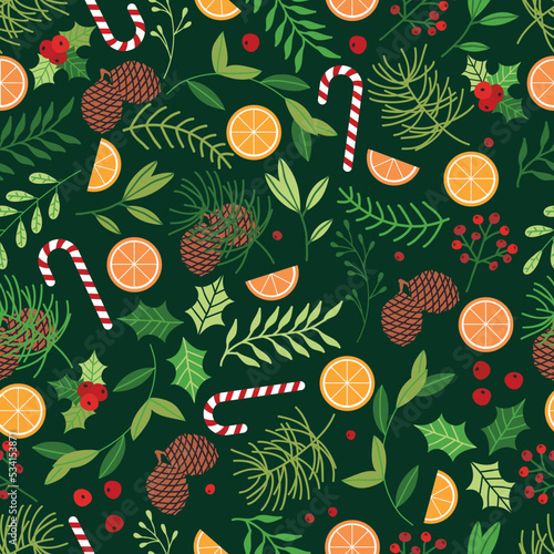 Seamless Christmas Pattern with spruce branches, orange slices, mistletoe and candy cane. Christmas wrapping paper concept. 