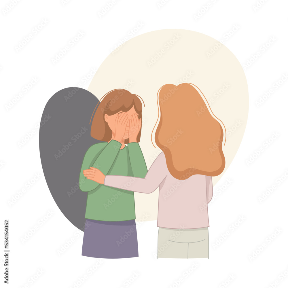 Help to Young Girl in Depression Covering Face with Hands Feeling Sad Suffering from Mental Disorder Vector Illustration Help to Young Girl in Depression Covering Face with Hands Feeling Sad Suffering from Mental Disorder Vector Illustration
