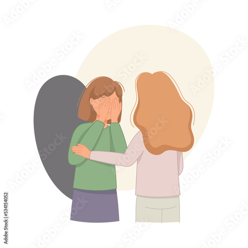 Help to Young Girl in Depression Covering Face with Hands Feeling Sad Suffering from Mental Disorder Vector Illustration