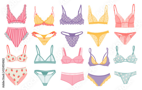 Bundle of women lingerie. Collection of elegant and sexy nightwear sets isolated on white background.  Colorful vector illustration of trendy female underwear, in modern line art style.