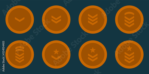 Army Rank Bronze Icon. Military Badge Insignia Symbol. Chevron Star and Stripes Logo. Soldier Sergeant, Major, Officer, General, Lieutenant, Colonel Emblem. Isolated Vector Illustration