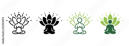 Yoga Person in Pose Lotus Silhouette and Line Icon. Spiritual Energy Meditation Relax Pictogram. Meditate Relaxation Asana Exercise Icon. Zen Wellness. Editable Stroke. Isolated Vector Illustration