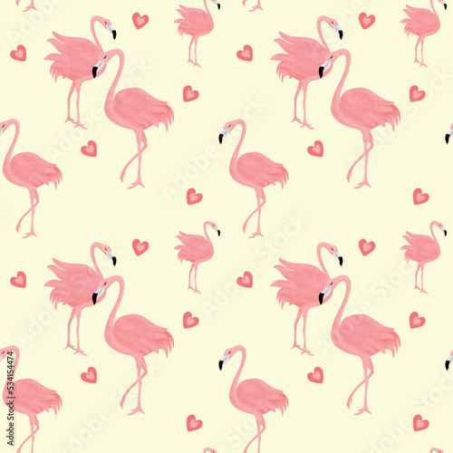 Seamless pattern with pink flamingos and hearts. Tropical pattern with birds for girls.