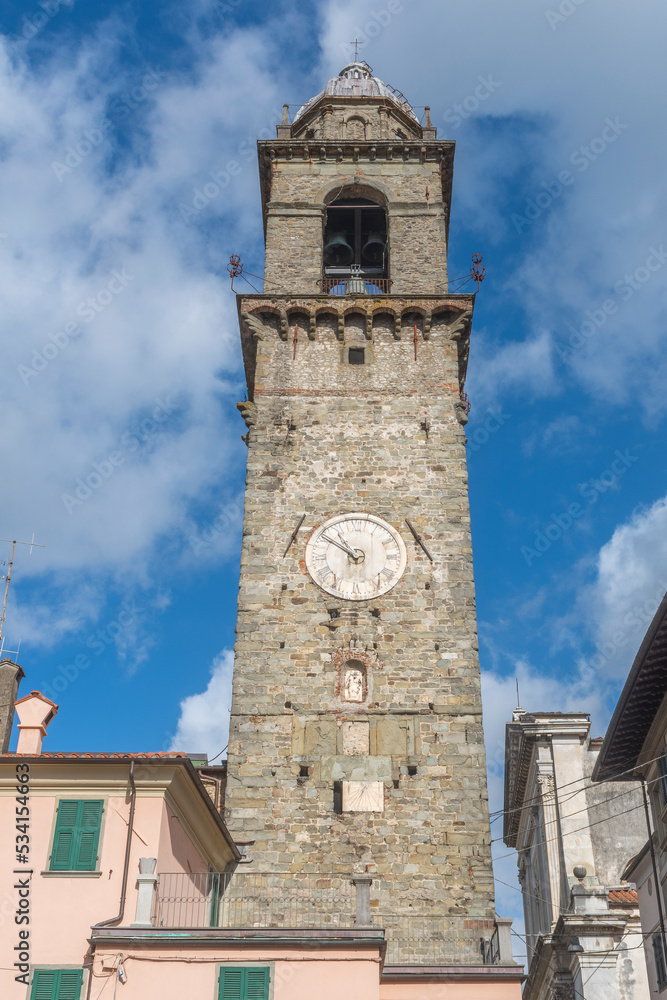 Front view of the Torre del Cacciaguerra (aka Campanone) symbol of the city of Pontremoli in Tuscany