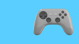 Realistic console game controller. Gray icon on blue background with space for text. 3D rendering.