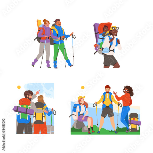 People Character Hiking in the Mountains with Pole and Backpack Vector Set
