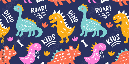 Seamless Pattern with cute funny dinosaur