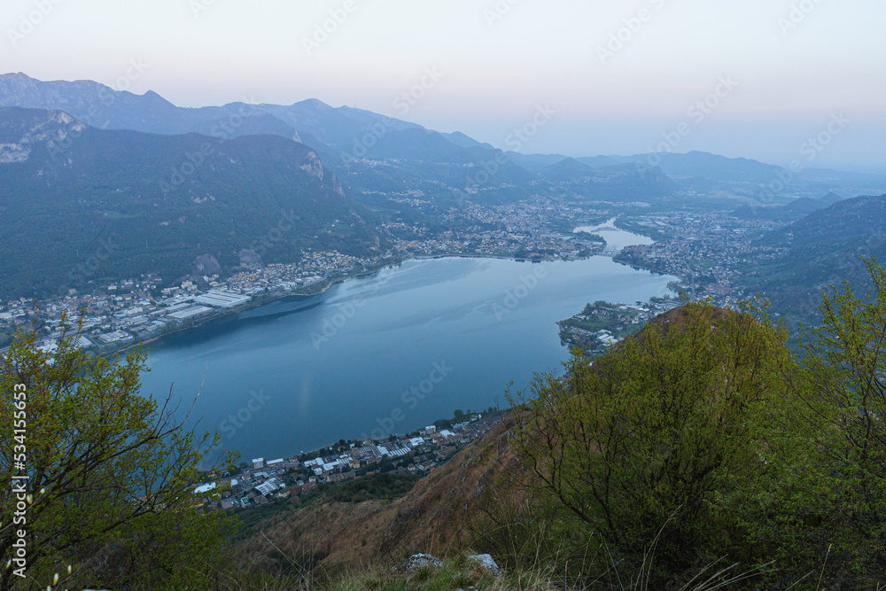 the cities near lecco with the blue hour lights - April 2022.