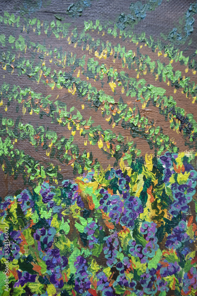Vineyards fine art illustration. Winery plantation. Autumn wallpaper. Twilight field picturesque landscape. Biodynamic agriculture concept.