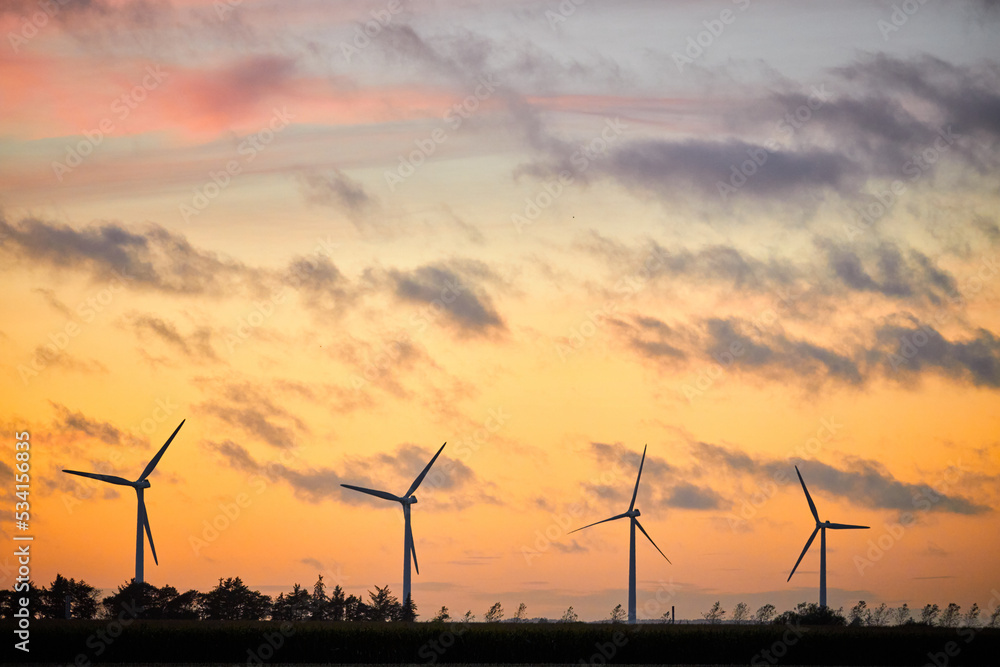 Windmills on field during sunset