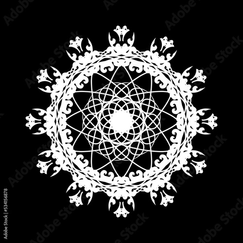 Mandala ornament in White color on black background, pattern for your design. Vector illustration