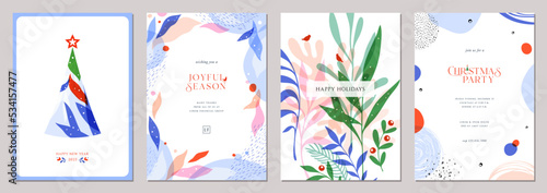 Universal Winter Holiday cards. Abstract Christmas templates with decorative Christmas Tree, ornate floral background and frame with copy space, birds and greetings.