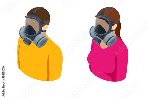 Isometric Pollution of the environment concept. Man and woman in gas masks in the city. Air pollution from factories.Air pollution from factories. Smog city from PM 2.5 dust. CO2 emissions.