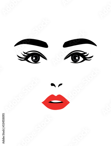 Woman beautiful face, sexy luxurious eyes with perfectly shaped eyebrows and full lashes. Red lips, sexy kiss, flat style, vector illustration. Beauty logo. Silhouette lines of the woman s face