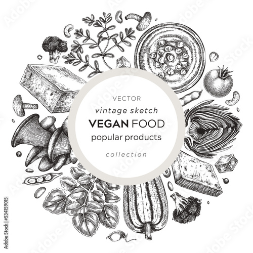 Vegan food sketched wreath. Healthy food banner template. Middle eastern cuisine card. Hand-drawn vegan meals and ingredients for menu, recipe, and packaging design. Vegan food sketches in color