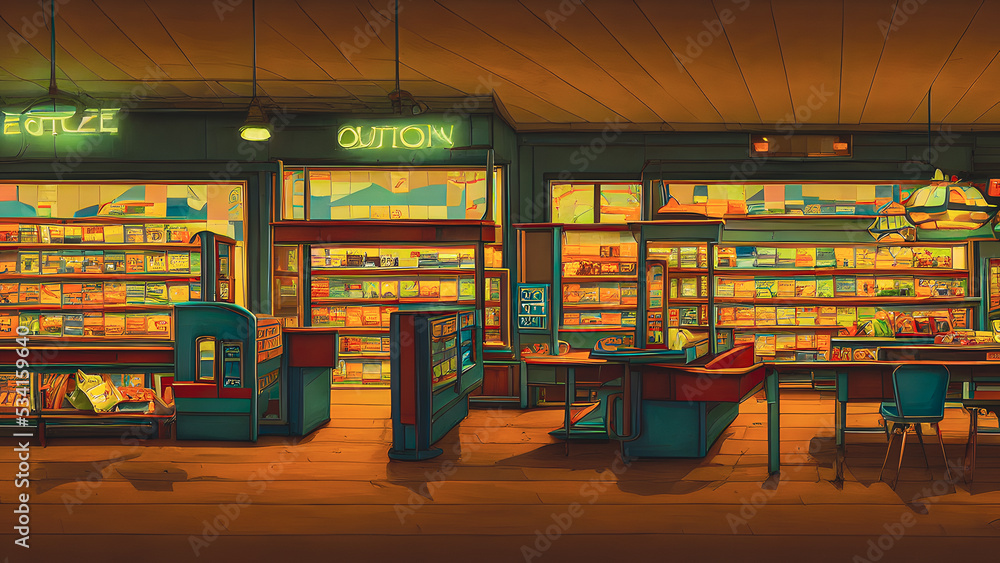 Artistic concept painting of a store interior, background illustration.
