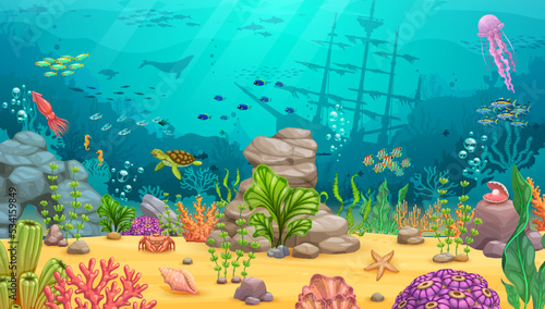 Cartoon underwater landscape. Sea and ocean under water world game level vector background with fish and coral reef marine animals. Undersea bottom with seaweeds, starfish, jellyfish and sunken ship