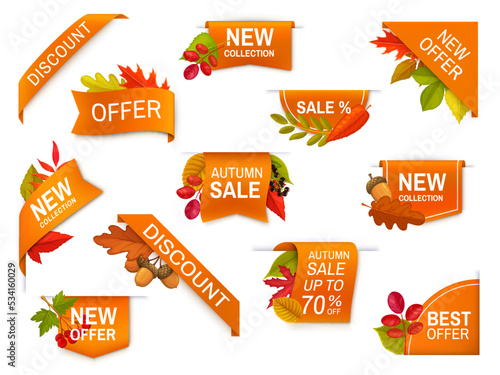 Autumn sale offer, discount ribbons, banners and corners, fall promotion vector leaf flyers. Autumn seasonal promo tags, price discount labels and new collection frames of maple, acorn and oak leaves