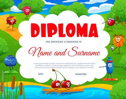 Kids diploma, cartoon cheerful berry characters on summer lake. Certificate or diploma vector award with fruit personages diploma with cherry, honeyberry and blueberry, raspberry and cloudberry