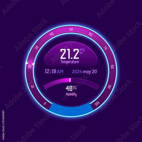 Thermostat, smart thermometer and temperature control dial. Vector digital electronic panel of home climate control system, heating and cooling regulator of air conditioner with round display