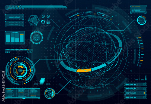 HUD infographic, dashboard panel with space sphere graphs, vector digital interface. HUD technology screen with planet hologram, cyber UI and virtual diagrams with loading bars, data charts on display