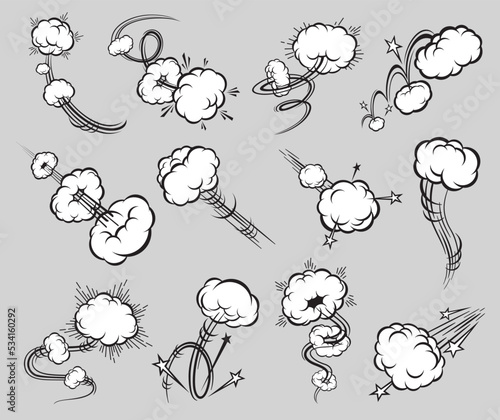 Comic speed motion effects of speed trails and puff clouds, vector jump or blast bubbles. Cartoon spiral motion puff cloud trails of rocket launch or air smoke motion, explode pop or punch effect