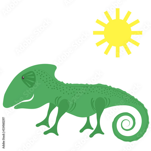 Green Chameleon and Sun Isolated on White Background.