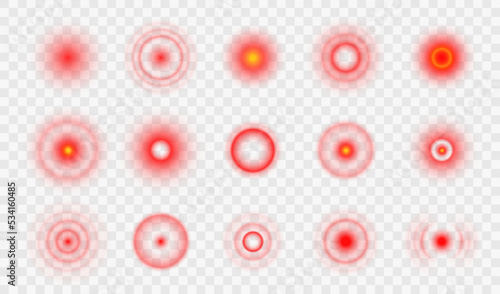 Pain point circle icons, red targets of muscle, body or stomach pain spots, vector symbols. Pain points or radial red circle icons for painkiller pills or inflammation ache medicine and drugs package