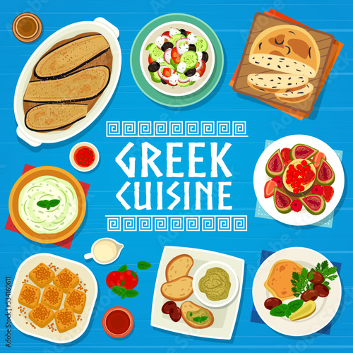 Greek cuisine menu cover template. Fruit cake, battered fish and fish dip Taramasalata, cucumber yogurt sauce Tzatziki, eggplant lasagna Moussaka and Greek salad, olive bread Eliopsomo, nut Baklava
