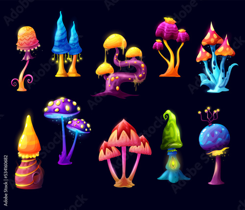 Fairy fantasy cartoon mushrooms or luminous toadstools of witch forest. Fairy ale magic mushrooms with blue neon, yellow and green caps with sparkling toxic spores and glowing light. Vector game asset
