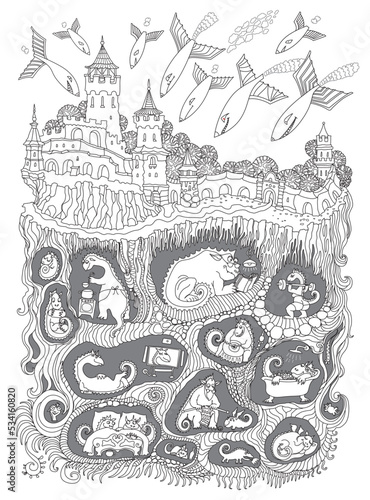 Raid of fantastic winged monsters on a fairy tale medieval town castle, safe underground shelter for dragon family. Adults coloring book page