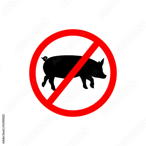 No Pork Sign or No Pork Symbol Vector On White Background. Pig ban sign. Free from pork vector. No pork graphic icon. Pork prohibition sign isolated on white background. Vector illustration.
